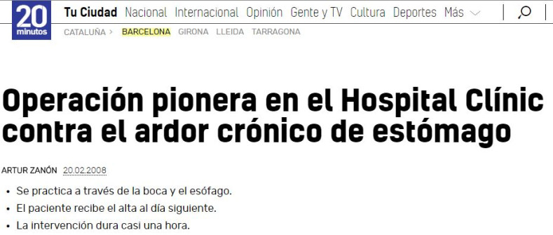 2008-02-20. 20 minutos. Operación pionera en el Hospital Clínic contra el ardor crónico de estómago