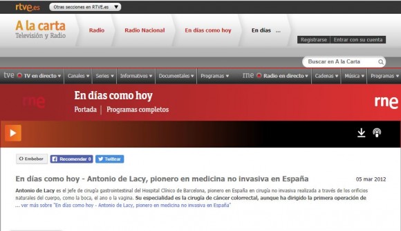 2012-03-15. RNE. En días como hoy - Antonio de Lacy pionero en medicina no invasiva en España