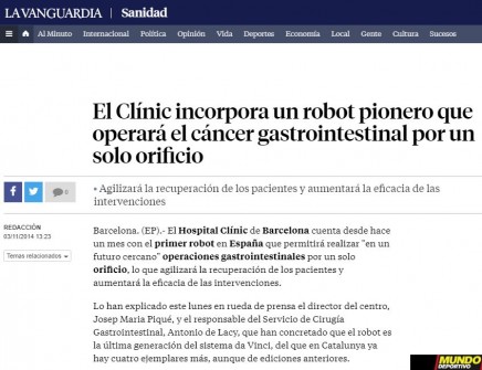 2014-11-03.La Vanguardia Salud. El Clínic incorpora un robot pionero que operará el cáncer gastrointestinal por un solo orificio