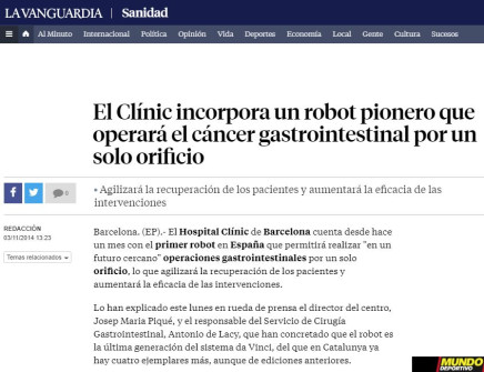 2014-11-03.La Vanguardia Salud. El Clínic incorpora un robot pionero que operará el cáncer gastrointestinal por un solo orificio