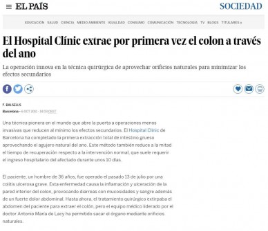 2011-10-06. El País. El Hospital Clínic extrae por primera vez el colon a través del ano