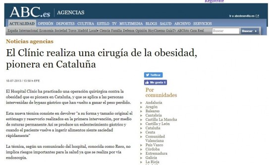 2013-10-06. ABC. El Hospital Clínic ha practicado una operación quirúrgica contra la obesidad que es pionera en Cataluña
