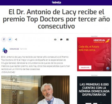 2018-11-15. Estrella Digital. El Dr. Antonio de Lacy recibe el Premio Top Doctors 2018