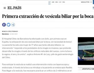 2007-11-15. El País. Primera extracción de la vesícula biliar por la boca