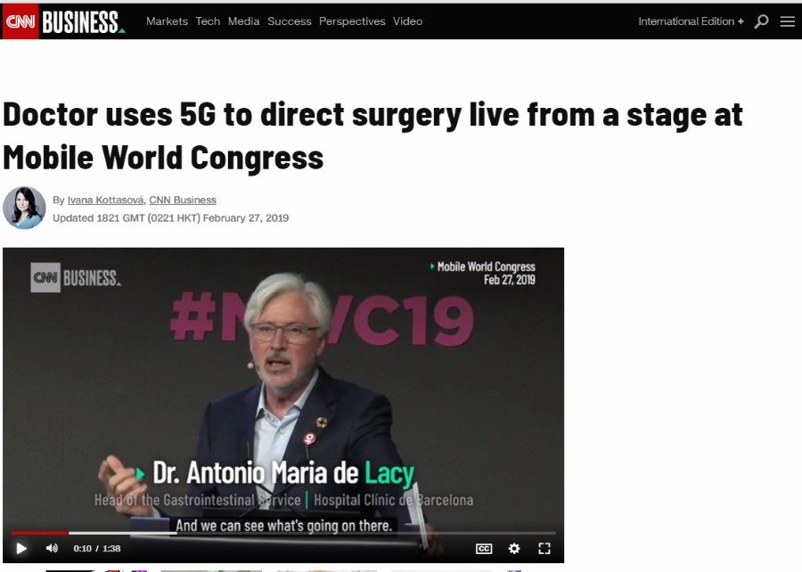 2019-02-27. CNN. Un médico usa 5G para dirigir una cirugía en vivo desde un evento del Mobile World Congress